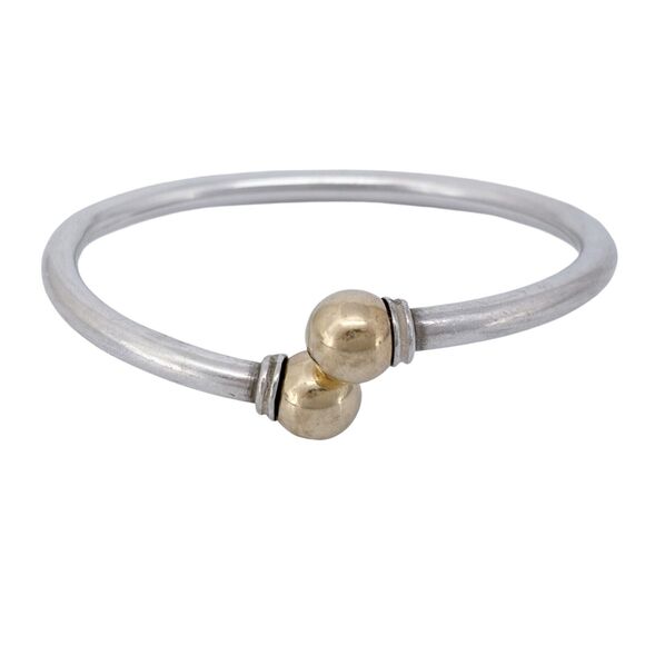 Cracked Vintage Sterling Silver 925 Brass Tipped Bangle Bracelet 6.5" - Picture 2 of 11